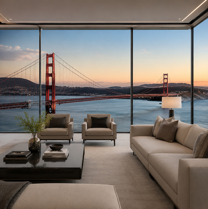 A Bay Area living room overlooking the Golden Gate Bridge